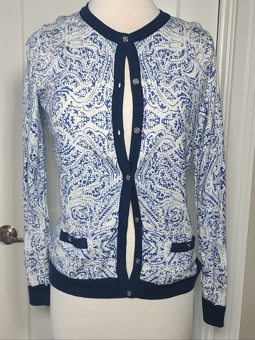 Lands End  Blue & White Paisley Cardigan Sweater Sm